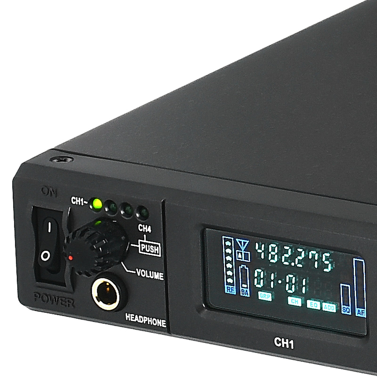Controls on the Mipro ACT-848 5UA, digital UHF 4-channel receiver