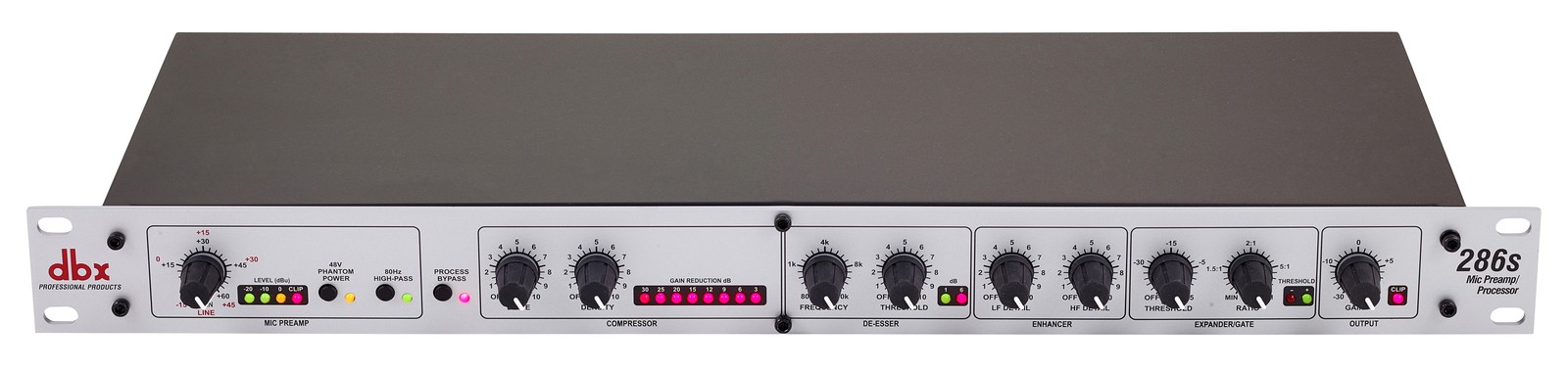 Front view of the DBX 286 S Microphone processor